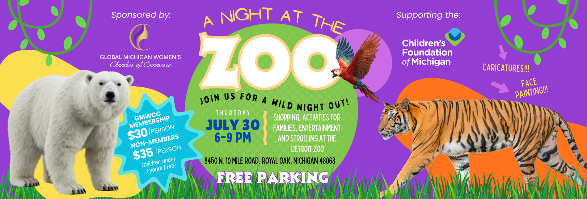Global Michigan Women's Chamber of Commerce presents A Night at the ZOO! Sponsoring the Children's Foundation of Michigan, A Night at the ZOO offers attendees entertainment, shopping, and many activities for families - including caricatures and face painting - all while strolling through the Detroit Zoo!